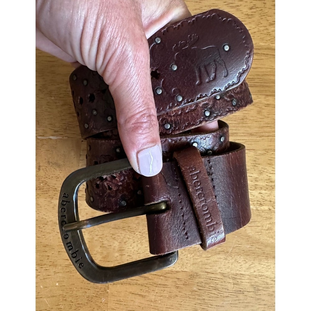 Abercrombie & Fitch VTG Y2K Brown Leather Studded Cutout Belt Size 27 Moose READ